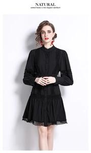Detail of elegant black dress showing lace patchwork puff sleeves and button-up collar