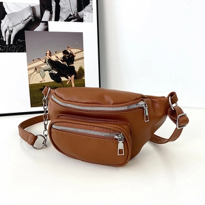 Fashion Women PU Leather Waist Bag Stylish Chain Decoration Large Capacity Solid Color Multi Zipper Chest Crossbody Fanny Pack Daily Shoulder Bag