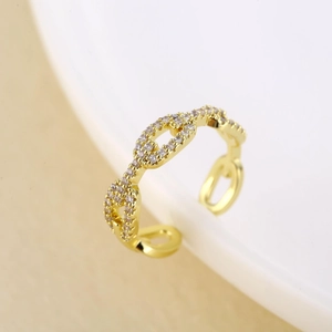 Gold chain ring with micro-pave zircons and adjustable open band for women
