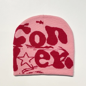 Pink and red jacquard knitted beanie with CON letter patterns in hip-hop street style