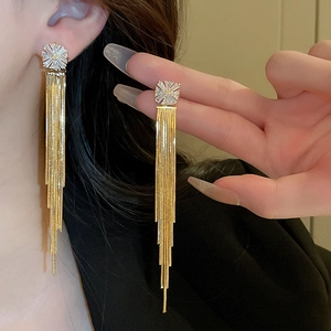 Elegant gold-plated tassel earrings with flower studs and sparkling zircon crystals