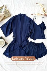 Set pigiama 3 pezzi blu scuro in seta di ghiaccio con vestaglia, canotta e pantaloncini