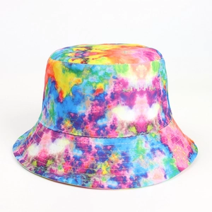 Close-up of a colorful tie-dye bucket hat with detailed stitching on the brim
