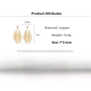 Detailed spec view of vintage gold tassel earrings with length and material measurements