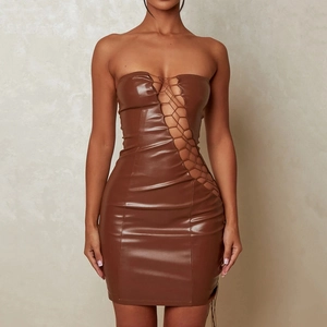 Abito Mini da Donna Sexy in Pelle PU a Tubino Stringato con Intagli Bodycon Vestito da Festa Clubwear Tinta Unita Senza Spalline