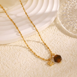 Tiger eye stone pendant necklace with gold textured square plate on beaded chain