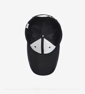 Interior detail of black cotton baseball cap showing ventilation eyelets and metal buckle