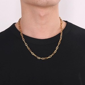 Close-up of gold-plated stainless steel link chain necklace worn on a model neck