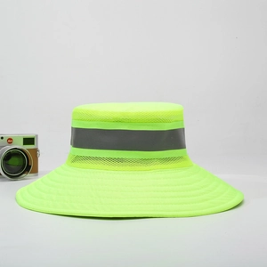 High visibility mesh sun hat with reflective strip for sanitation and outdoor safety workers