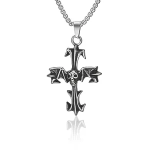 Gothic Skull Bat Wing Cross Pendant Necklace 304 Stainless Steel Punk Hip Hop Jewelry Halloween Retro Accessory
