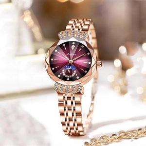 Montre femme or rose avec cadran dégradé violet, phase de lune et bracelet maille