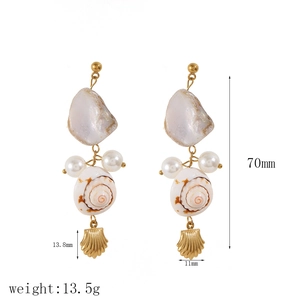 Marine style shell and pearl drop earrings with stainless steel gold accents