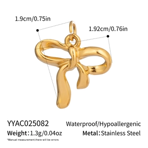 Detailed dimensions of gold stainless steel bow pendant showing 1.9cm height and 1.3g weight