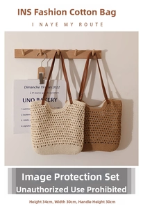 Detail of hollow-out cotton crochet bag with PU handles and metallic rivet fixings