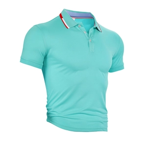 Detail of mint green polo shirt featuring a three-button placket and striped collar accent