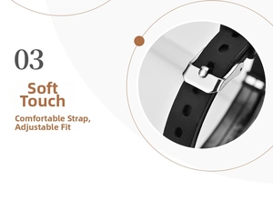 Detail of black silicone wristband featuring adjustable holes and steel pin buckle