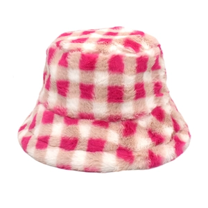 Detailed texture of pink and white checkered plush faux fur on a warm winter bucket hat
