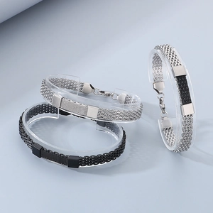 Men's stainless steel woven snake chain bracelets in black and silver with flat buckles