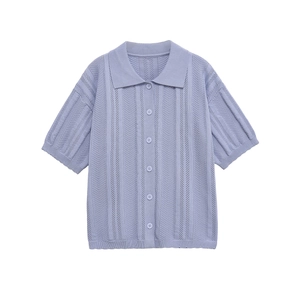 Women Knit Hollow Out Short Sleeve Polo Collar Top And Wide Leg Pants Casual Streetwear Solid Color