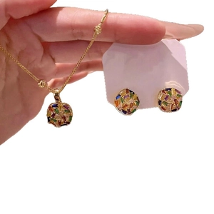 Gold plated colorful zircon jewelry set with square pendant necklace and earrings