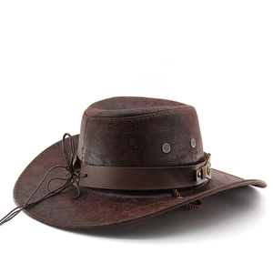 Retro dark brown western cowboy hat with crackle texture and studded leather band