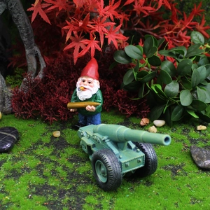 Funny garden gnome army statue with miniature cannon model for outdoor yard decor