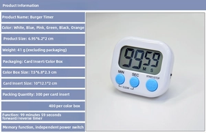 Detailed view of burger-shaped digital timer specifications and color options