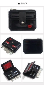 Vue détaillée multi-angles du porte-cartes en cuir PU laser noir avec broderie coeur