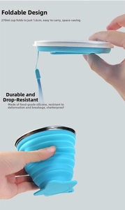 Blue silicone collapsible cup showing 270ml capacity and 1.6cm thickness when folded
