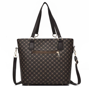 Rear view of brown printed tote bag with zipper pocket and detachable strap