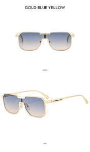 Detailsicht der goldenen quadratischen Übergroße-Sonnenbrille mit blau-gelbem Verlauf