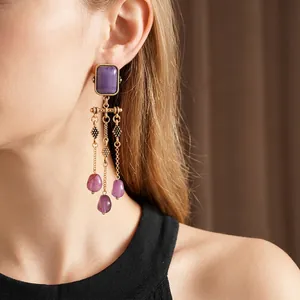 Vintage gold square earrings with purple gemstones and elegant long tassel pendants