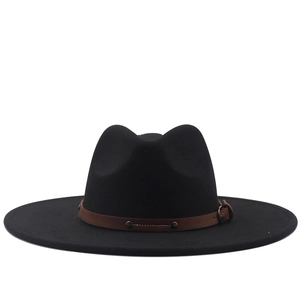 Classic black 9.5cm wide brim wool fedora hat with brown leather band and metal buckle detail