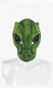 Front view of 3D realistic green T-Rex dinosaur mask with scales and sharp white teeth