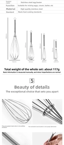 Size chart showing dimensions of four stainless steel spring whisk sizes for home baking