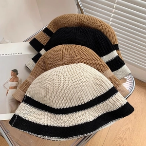 Knitted stripe bucket hats for women in beige, light brown, and black stylish colors