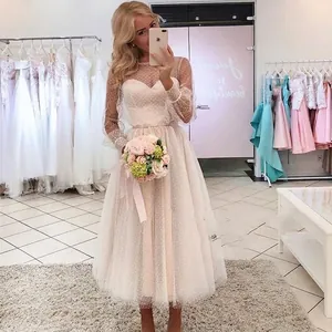 Women Short Wedding Dress Polka Dot Mesh A-Line Tea-Length Vintage Elegant Formal Party Evening Gown Heart Neckline