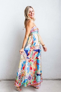 Detailed view of the silky nautical print fabric on this summer floral maxi dress