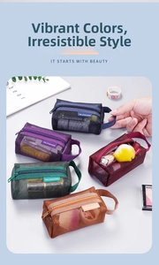 Set of five colorful nylon mesh pouches for small items in various shades with zippers