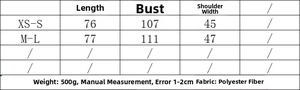 Size chart for wide leg trousers set with bust and length measurements in centimeters