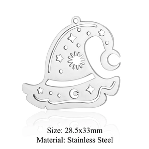 Polished stainless steel witch hat pendant with star and moon cutouts on white background