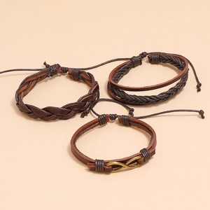 Three-piece set of dark brown multilayer braided leather bracelets with infinity symbol