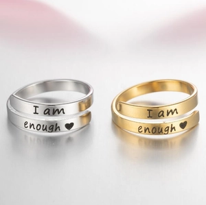 I am enough engraved stainless steel wrap ring with heart symbol in gold and silver