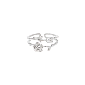 Elegant silver rose flower open ring featuring sparkling zircon and a double-layered vine design