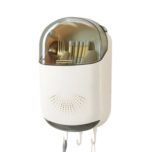 Wall-mounted beige cutlery organizer with smoky lid and hooks for kitchen storage
