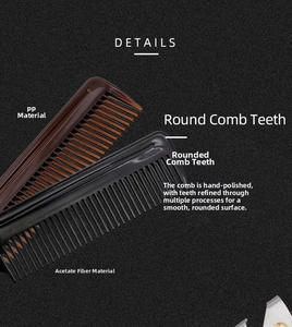 Detail of round comb teeth on coffee PP and black acetate folding hair combs