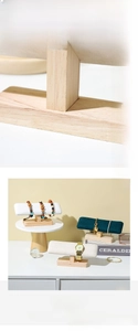 Detail of solid wood jewelry display stand with velvet T-bar for bracelets and watches
