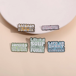 Set of 5 colorful enamel letter pins with humorous quotes for bags and clothing décor