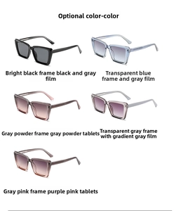 Grid view of stylish square sunglasses in various colors like black, blue, and grey