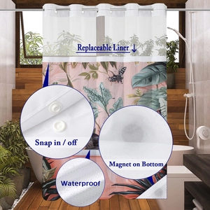 Detail view of tropical waterproof shower curtain with snap-in liner and magnets